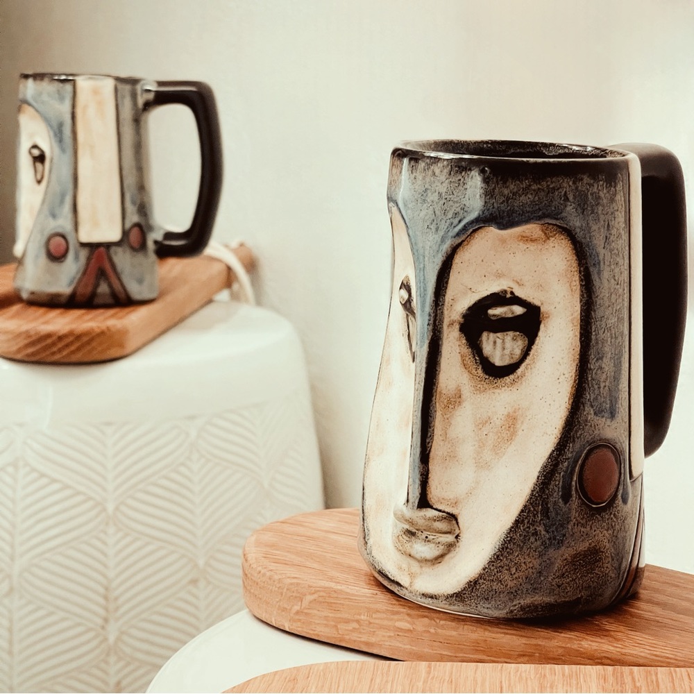 Vintage Mara Stoneware Artisan Sculpted Face Pottery Mara of Mexico Tall Mug